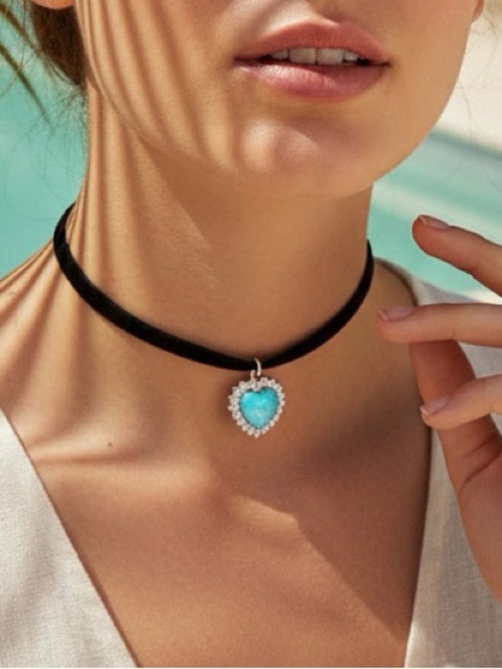 Silver Cubic zirconia Heart Pendant Choker Necklace with Blue Teardrop